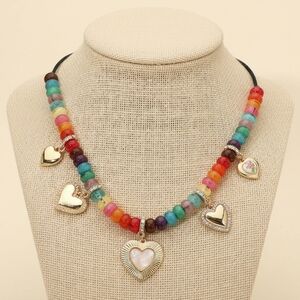 Goldtone Heart Charm Resin Colorful Beaded Statement Necklace